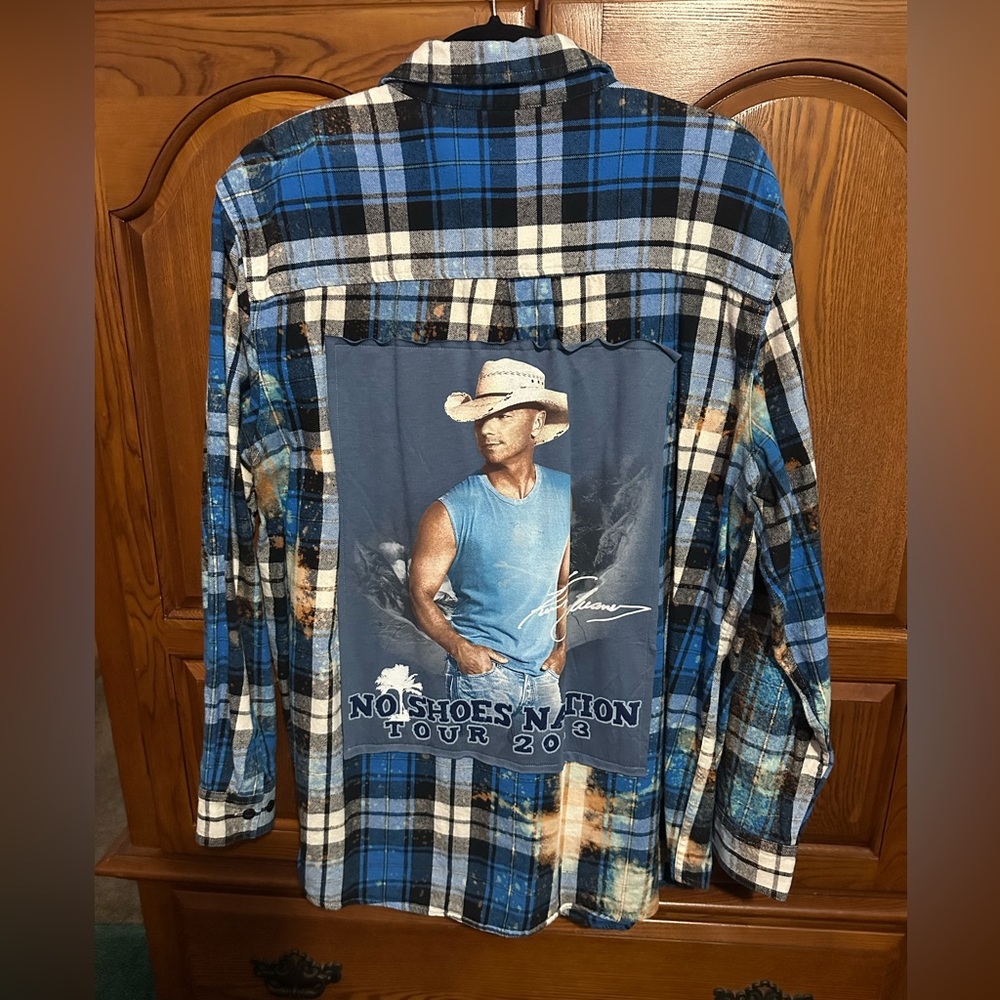Kenny Chesney upcycled bleached flannel tee made by me
